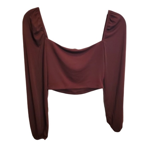 Sunday Best Women's Ruched‎ Long Sleeve Crop Top Square Neck Blouse Burgundy - Picture 4 of 6